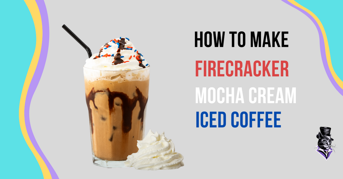 Firecracker mocha cream iced coffee recipe banner with whipped cream, chocolate drizzle, red white and blue sprinkles, and Purrfect Coffee logo. Summer drink made with cold brew coffee for Fourth of July.