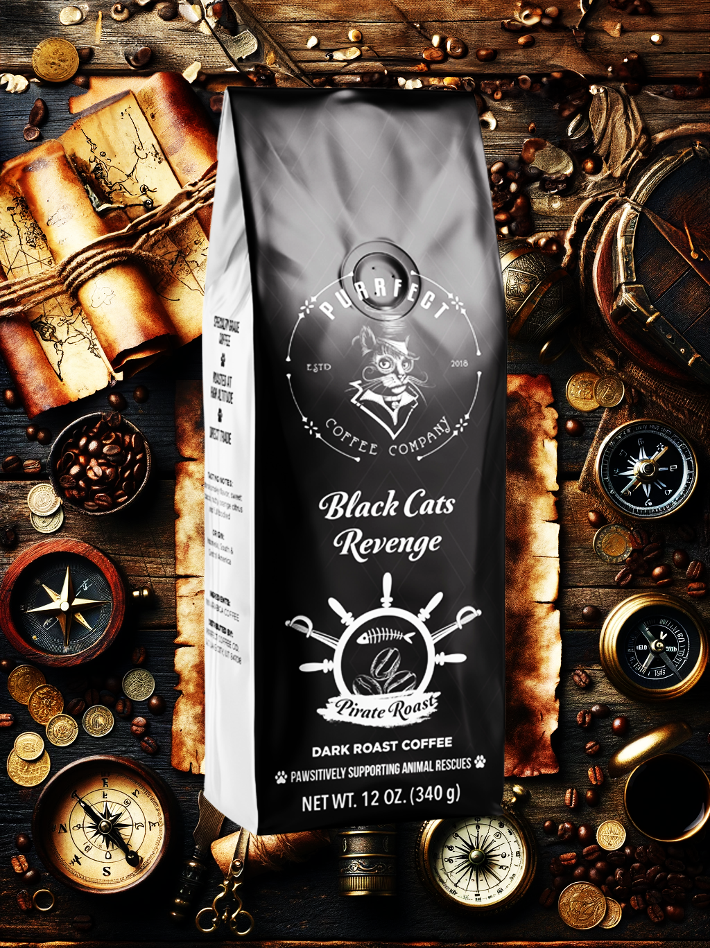Black Cat’s Revenge Coffee Bag – Dark French Roast – Small Batch – Supports Animal Rescue