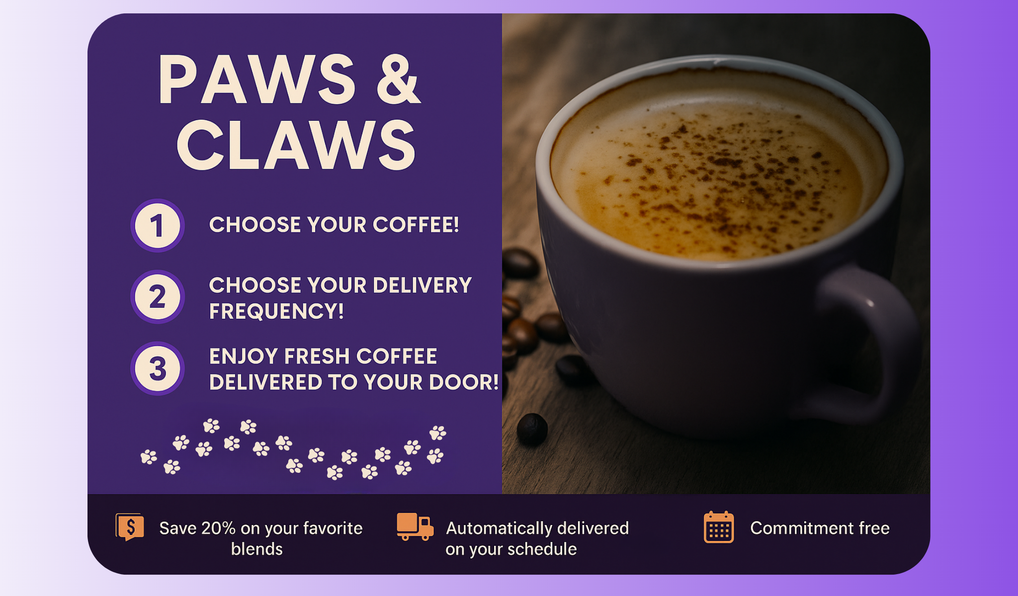 Paws & Claws coffee subscription banner – save 20% with fresh delivery.